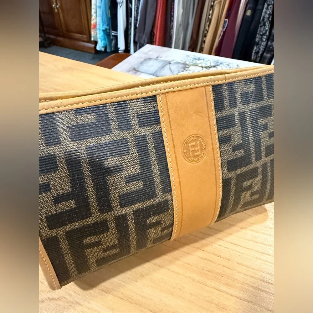 Fendi Brown & Tan Zucca Monogram Zip Clutch - Picture 2 of 8
